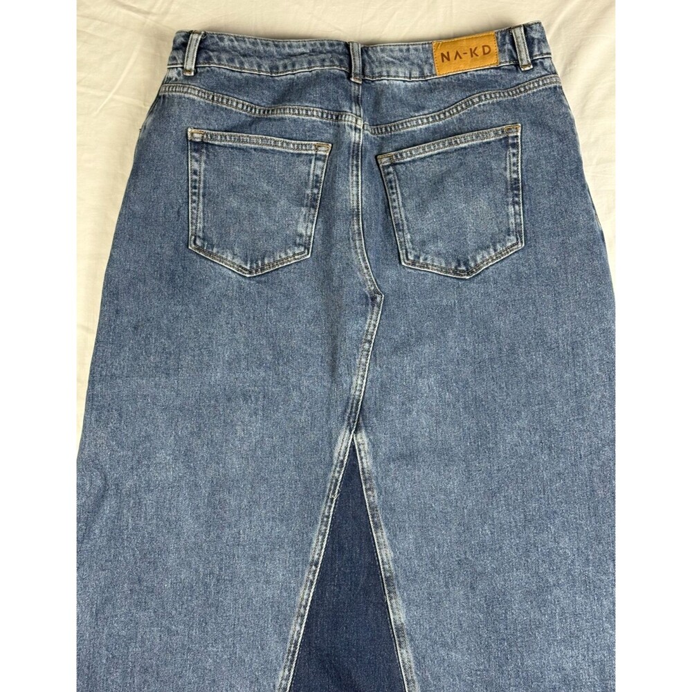 NA-KD Denim Maxi Skirt Contrast Panel Raw Hem Stretch Jean Women's M EU 40 - Picture 6 of 13